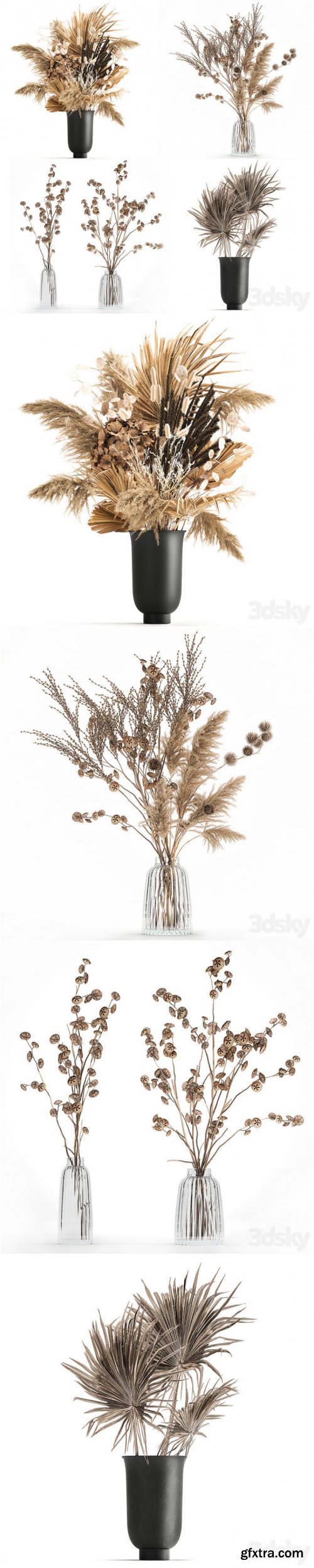 A set of flower bouquets in vases of dried flowers, palm branch, pampas grass, reed grass, hydrangea, thorns. 283