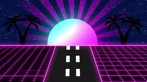 Videohive - Retro Animation With Grid And Sun. 80's Synth Wave Style Retro Background, Loop Animation Of Futuris - 48078355 - 48078355