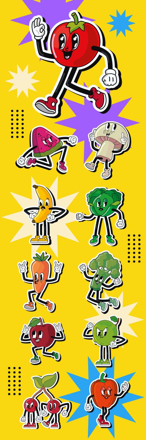 Vegetables and Fruits Cartoon Characters Sticker Set 646579122