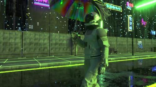 Videohive - Astronaut Walks in the Rain Through a Futuristic City at Night Shiny Umbrella Spacesuit Cyberpunk - 48099136 - 48099136