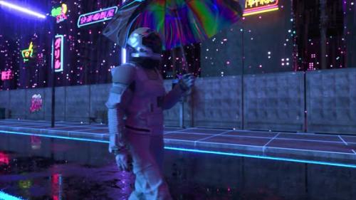 Videohive - Futuristic Concept An Astronaut Walks with an Umbrella Through a Cyberpunk City in the Rain Blue - 48099143 - 48099143