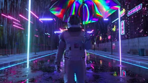 Videohive - Astronaut Walks in the Rain Through a Futuristic City at Night Shiny Umbrella Spacesuit Cyberpunk - 48099195 - 48099195