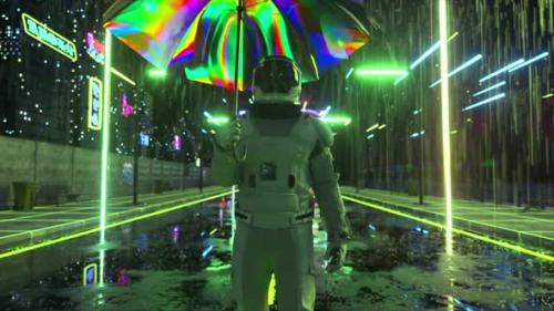 Videohive - Futuristic Concept An Astronaut Walks with an Umbrella Through a Cyberpunk City in the Rain Green - 48099203 - 48099203