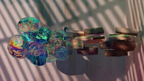 Videohive - A Shelf Made of Wood and Stones Transforms Into Rainbow Bubbles Shadow on the Wall Inflate 3D - 48099226 - 48099226