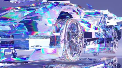 Videohive - A Diamond Car Assembly From Shiny Transparent Parts Closeup Blue Neon Color Advertising 3D Animation - 48099236 - 48099236