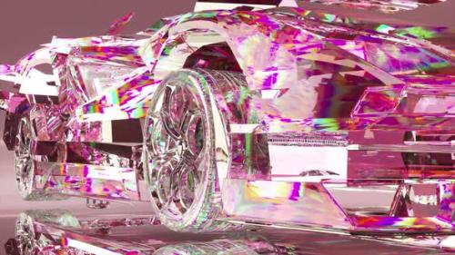 Videohive - A Diamond Car Assembly From Shiny Transparent Parts Closeup Pink Neon Color Advertising 3D Animation - 48099257 - 48099257