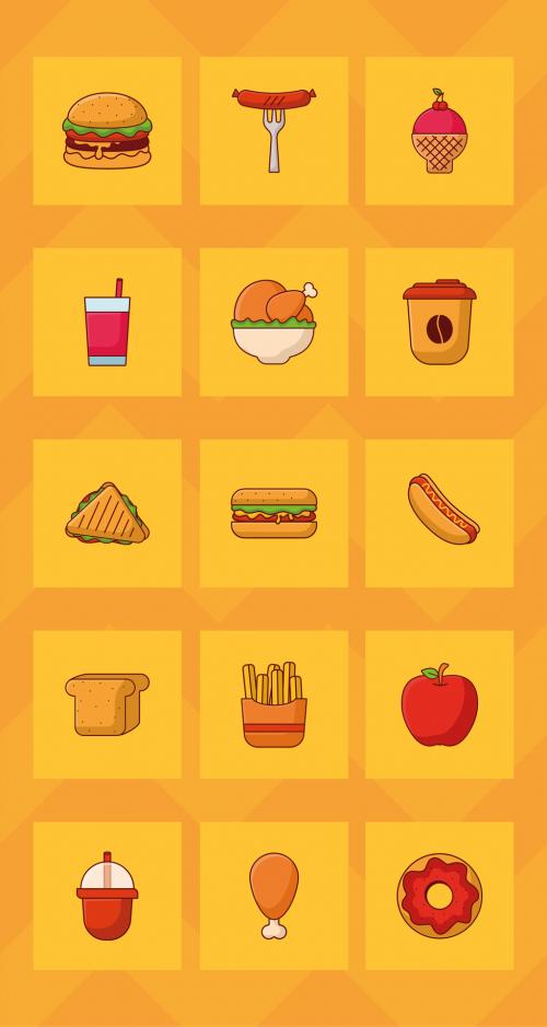 Yellow Cartoon Fast Food Icon Set 646565827