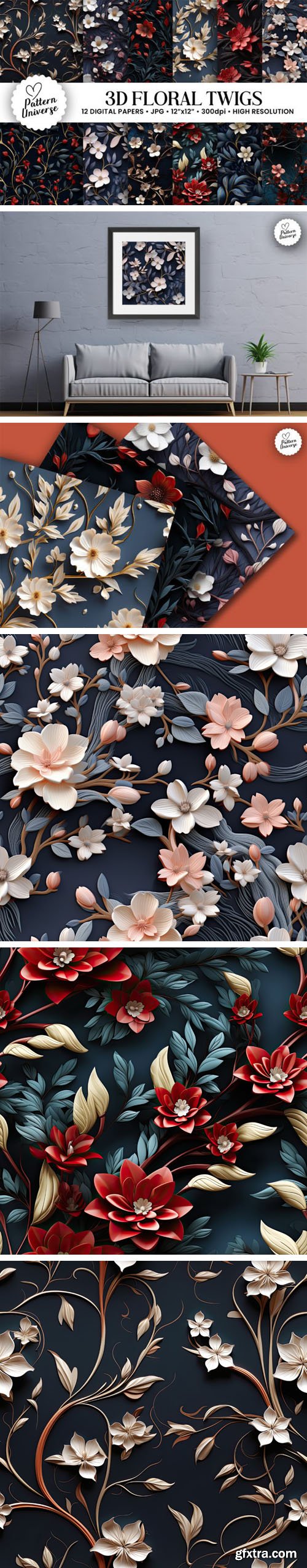 3D Floral Twigs Seamless Patterns