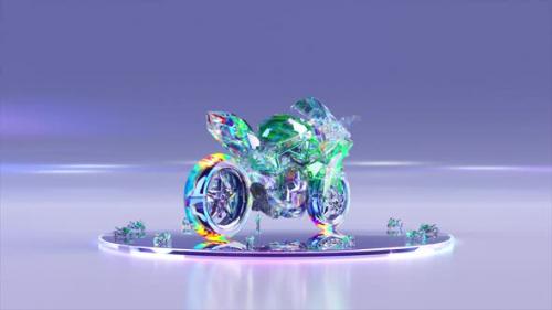 Videohive - Advertising Concept A Diamond Motorbike Rotates on a Round Shiny Platform Blue Green Neon Color 3D - 48099481 - 48099481