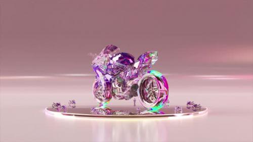 Videohive - Advertising Concept A Diamond Motorbike Rotates on a Round Shiny Platform Purple Pink Neon Color 3D - 48099500 - 48099500