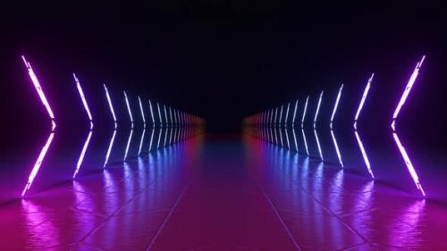 Videohive - Neon Luminous Lines Alternately Light Up and Form a Corridor on a Dark Background Red Orange Green - 48099531 - 48099531