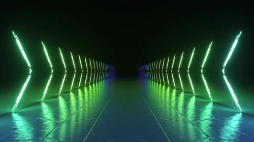 Videohive - Neon Luminous Lines Alternately Light Up and Form a Corridor on a Dark Background Blue Green Light - 48099570 - 48099570