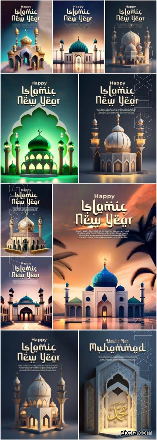 PSD happy islamic new year majestic 3d mosque and enchanting lantern decorations