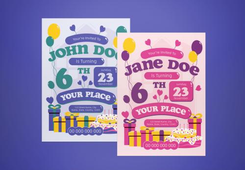 Blue Pink Flat Design Kids Birthday Invitation 646266971