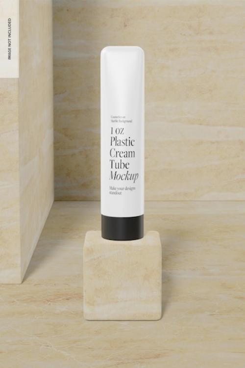 Premium PSD | 1 oz plastic cream tube mockup, on podium Premium PSD