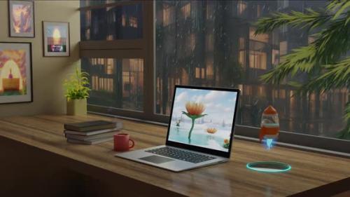 Videohive - Laptop Computer On the Study Table Against A Window On A Rainy Night : Lofi Loop Animation - 48118555 - 48118555