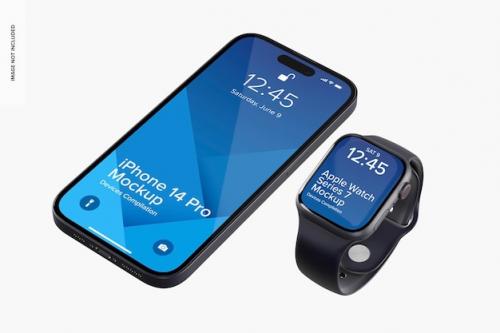 Premium PSD | Iphone 14 pro with apple watch series 7 mockup, perspective Premium PSD