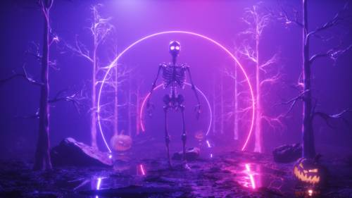 Videohive - Skeleton Walking In A Foggy Forest Halloween Background Loop - 48124181 - 48124181