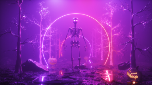 Videohive - Walking Skeleton In A Foggy Forest Halloween Background - 48124182 - 48124182