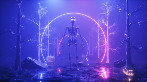 Videohive - Skeleton Walking In A Foggy Forest Halloween Background - 48124183 - 48124183