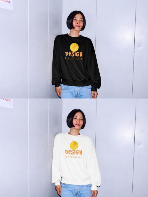 Mockup of Asian woman wearing sweatshirt with customizable color, with flash 644105735