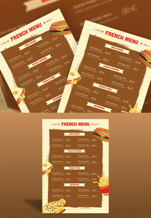 French Menu Card Template Layout With Fast Food Or Dishes Details. 644482838