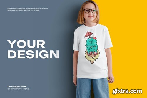 Mockups of a Kids T-shirt on a Girl with Glasses 8N3H9W4