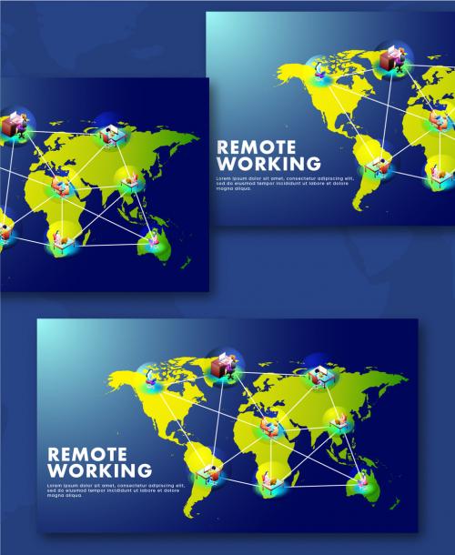 Remote Working Concept Based Landing Page with Multiple Business People at Distant Places Connected Each Other Through Internet on World Map. 644482680