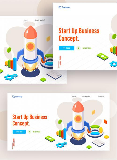 Startup Business Concept Based Landing Page Design with Successful Launching Project of Rocket and Business Infographic Elements. 644482670