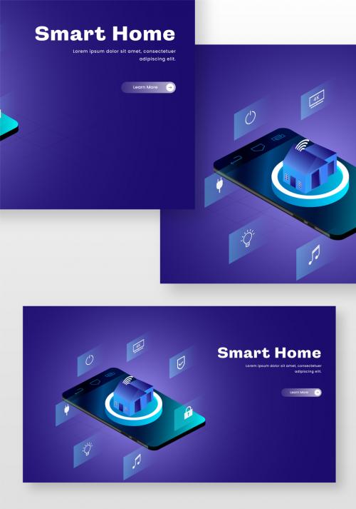 Responsive Landing Page Design with Isometric View of Smart Home Control System on Smartphone. 644482667