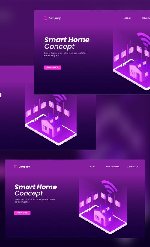 Responsive Landing Page Design with Isometric Smart Home App in Smartphone Connected Wifi on Purple Background. 644482637