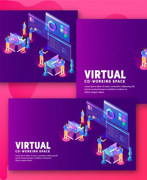 Responsive Landing Page Design with Business People Performing Same Task at Workplace for Virtual Co-Working Space Concept. 644482658