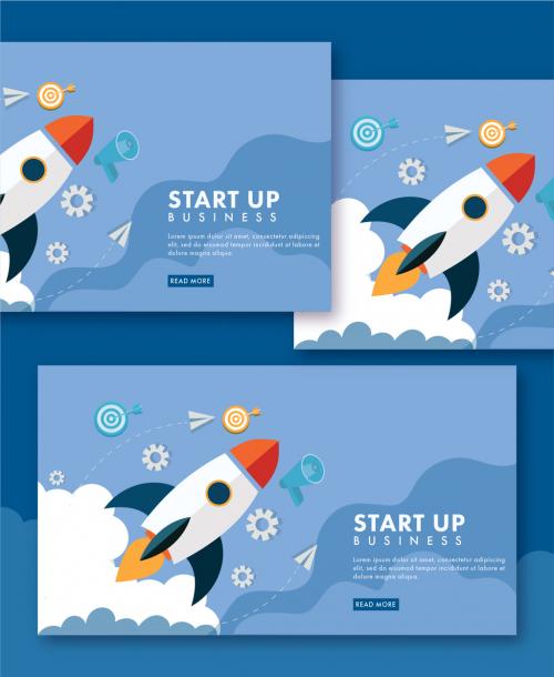 Responsive Landing Page Design with Paper Cut Style Rocket Launching and Business Elements for Startup Business Concept. 644482626