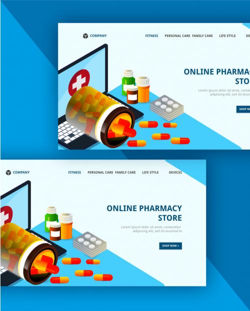 Responsive Landing Page Design with Online Pharmacy Store App in Laptop and Medicines. 644482624