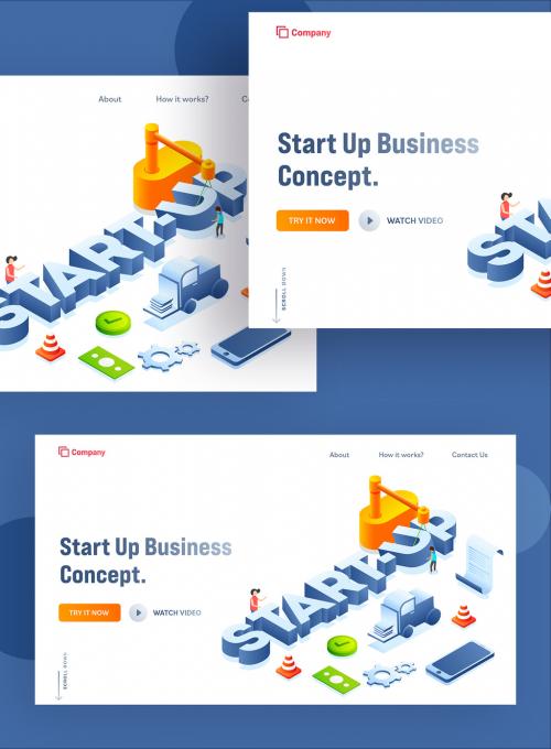 Startup Business Concept Based Landing Page with 3D Text, Tower Crane and Business People Working Together. 644482616