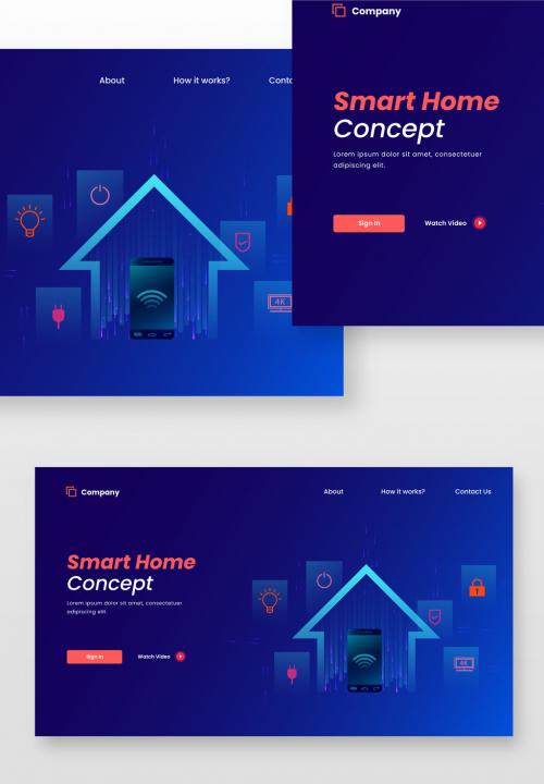 Responsive Landing Page Design with Smart Home Connected Internet of Things on Blue Background. 644482614