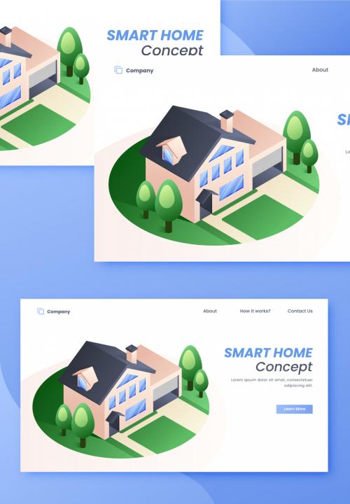 Smart Home Concept Based Landing Page Design with House Building and Trees. 644482582