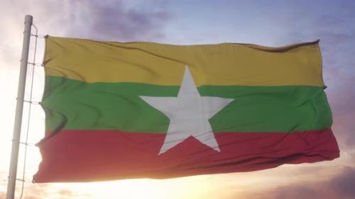 Videohive - Flag of Myanmar Waving in the Wind Sky and Sun Background - 48227336 - 48227336