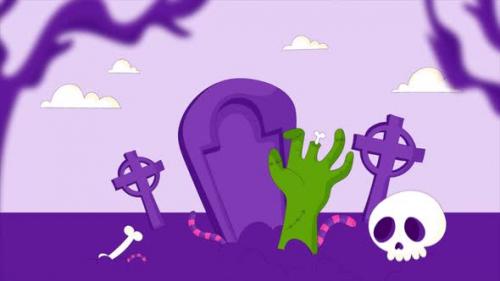 Videohive - Halloween Cartoon Zombie Hand In The Graveyard 4K - 48234049 - 48234049
