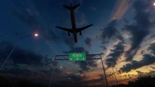 Videohive - Kiev City Road Sign - Airplane Arriving To Kiev Airport Travelling To Ukraine - 48237438 - 48237438