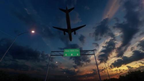 Videohive - New York City Road Sign - Airplane Arriving To New York City Airport Travelling To United States - 48241407 - 48241407