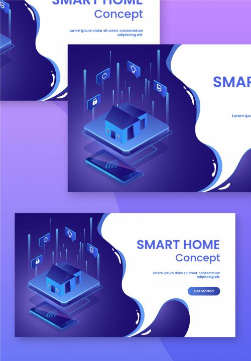 Smart Home Concept Based Landing Page Design with Isometric Smartphone Connected House and Internet of Things. 644482569