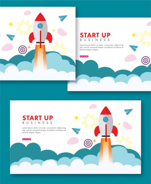 Startup Business Concept Based Landing Page Design with Flat Style Rocket Launching. 644482555