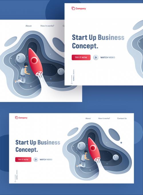 Business Startup Concept Based Landing Page Design with Launching Rocket on Paper Layer Cut Background. 644482542