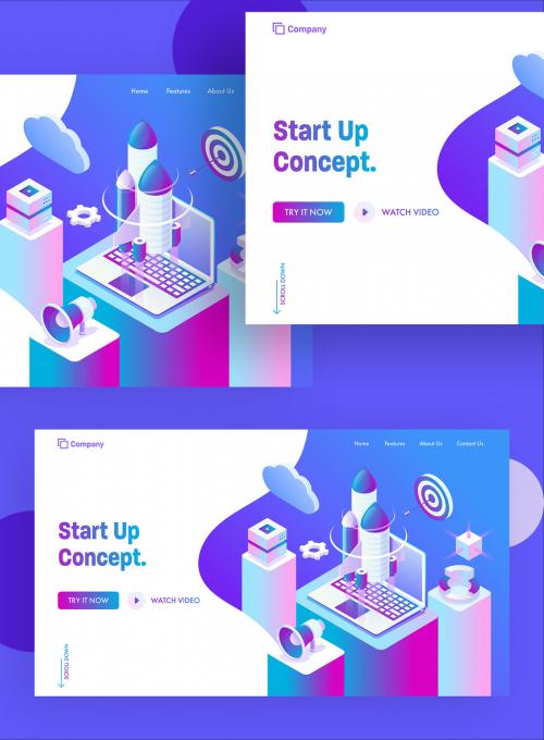 Startup Concept Based Landing Page, Launching a Project of Rocket from Laptop and Business Elements on Different Platform. 644482528
