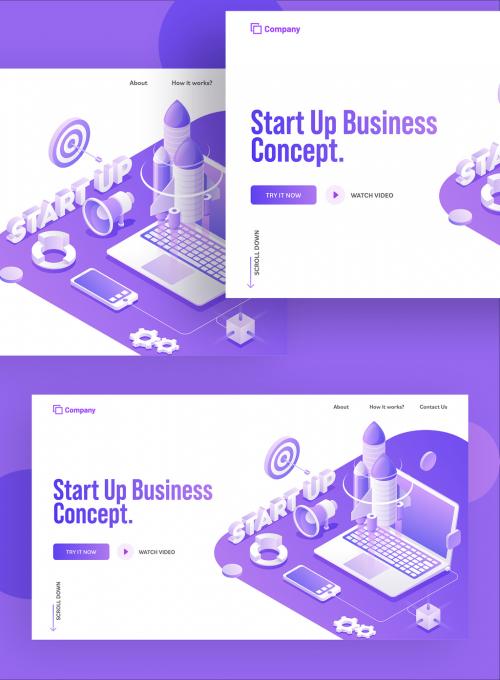 Startup Business Concept Based Landing Page with 3D Text, Rocket Launching from Laptop. 644482524