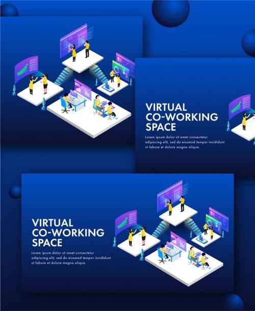 Virtual Co-Working Space Concept Based Landing Page Design with Business People Performing Same Task at Different Workplace. 644482522