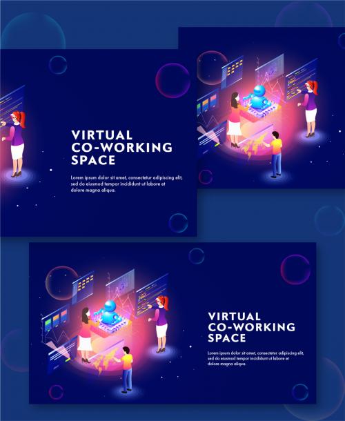 Virtual Co-Working Space Concept Based Landing Page with Business People Working, Robotic at Different Platform in Isometric Design. 644482511