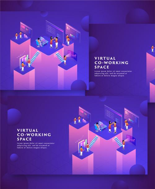 Virtual Co-Working Space Concept Based Landing Page with Business People Working at Different Workplace. 644482505