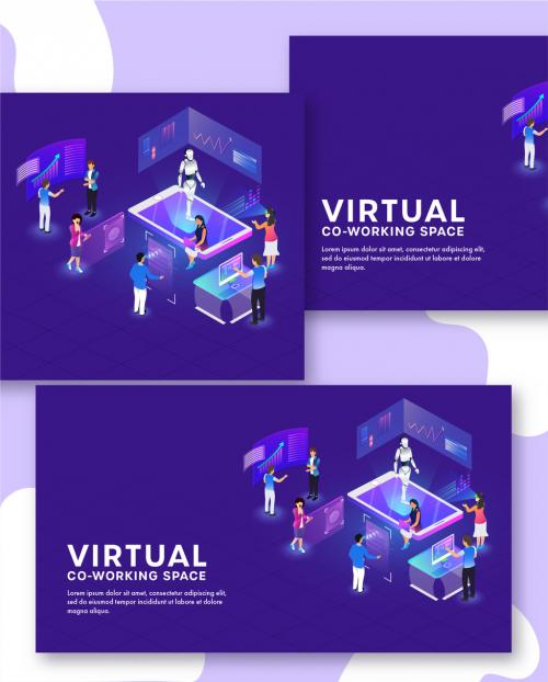 Virtual Co-Working Space Landing Page with Analysts Analysis Data Through VR Glasses and Humanoid Robot at Distant Place. 644482474